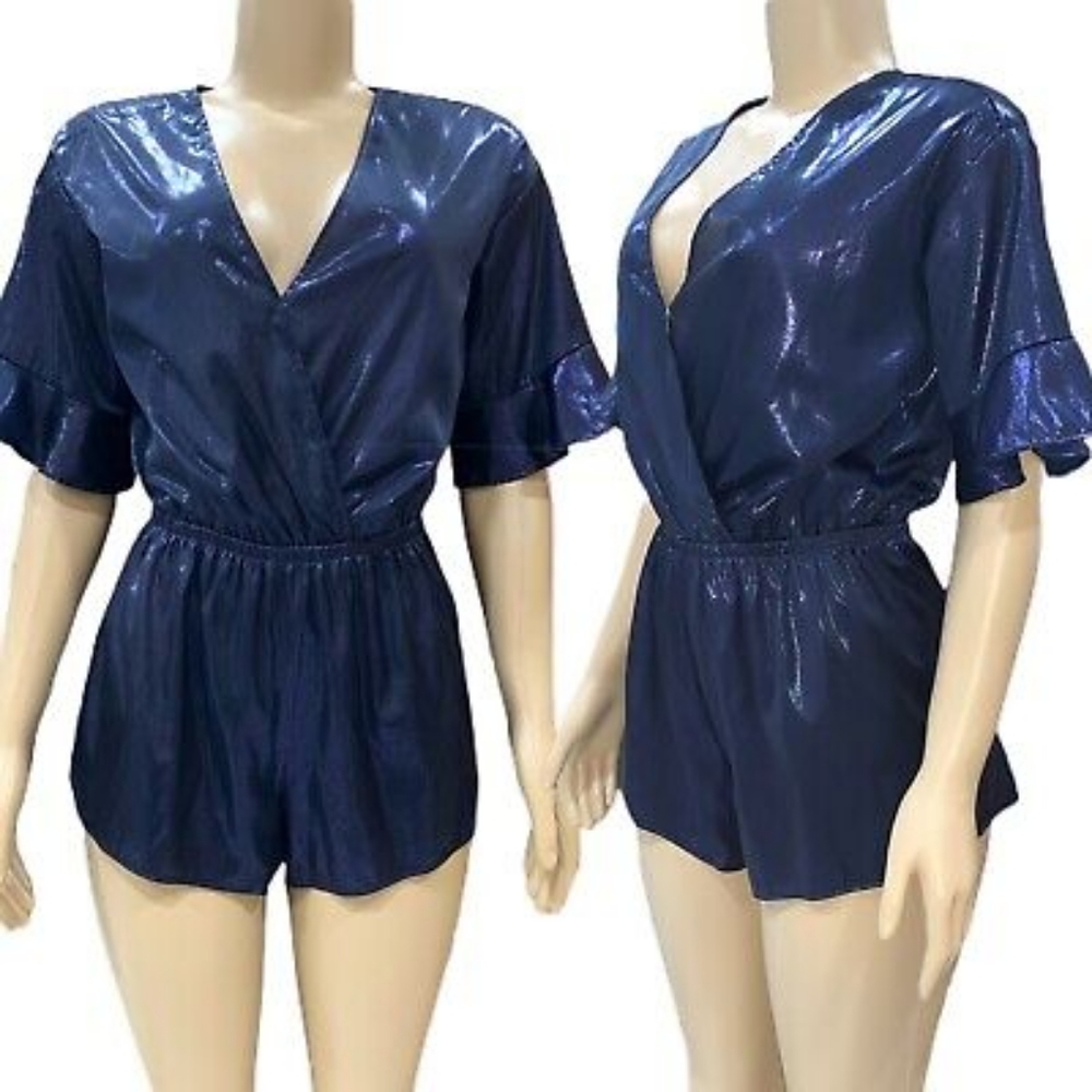 Victoria's Secret Navy Blue Metallic Romper Jumper Pajamas Sleepwear Satin Large